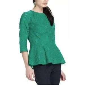 Anthropologie Moulinette Soeurs Lace Peplum Blouse 3/4 Sleeve Green, Size 4